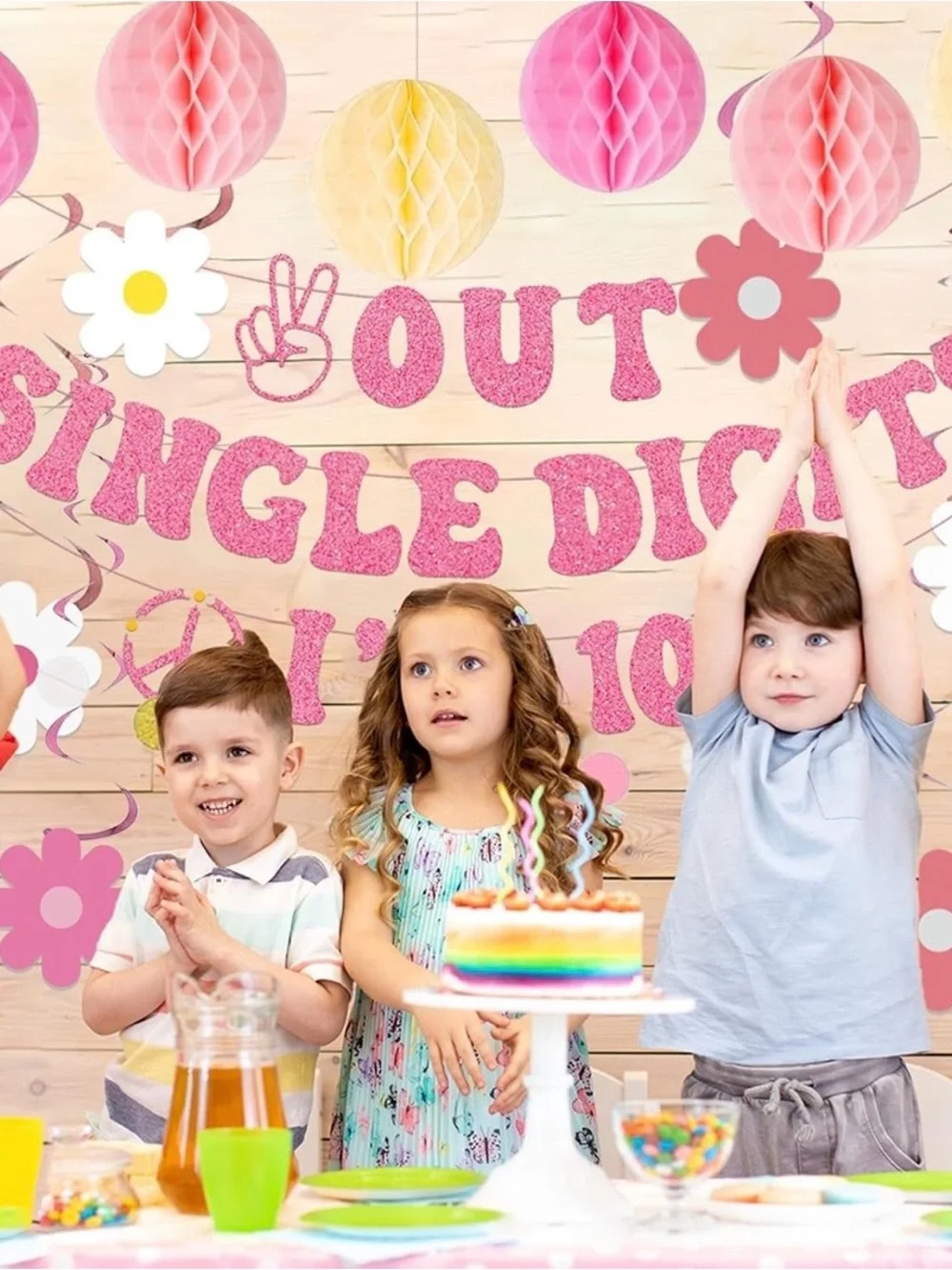 Out of Single Digits I'm 10 Pink Party Banner and Hanging Decorations -